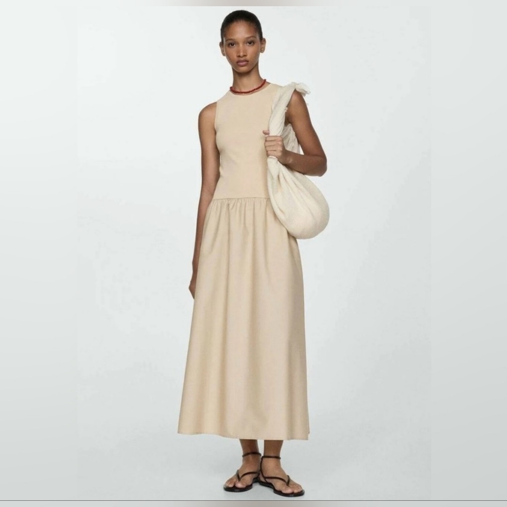 COMMENSE Leisure Crew Neck Long Dress With Pockets In Tan Size L